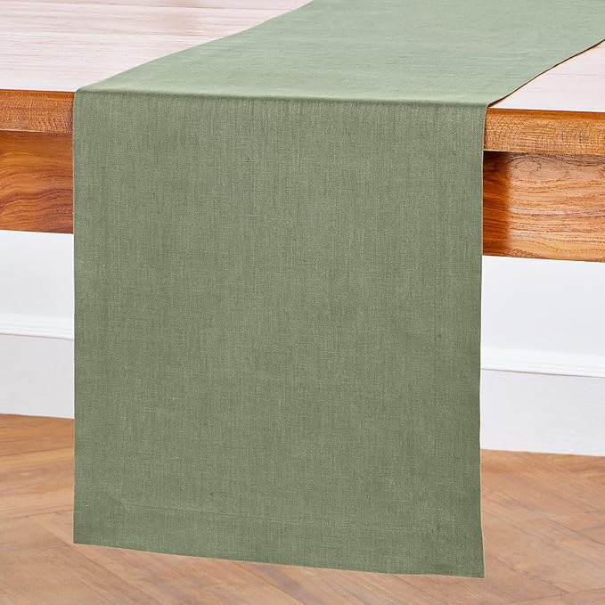 Solino Home Linen Oil Green Table Runner 108 Inches Long - 100% Pure Linen 14 x 108 Inch Table Runner for Fall, Autumn, Thanksgiving - Fete
