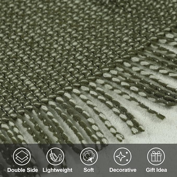 Blagic Knitted Throw Blanket for Couch, Soft Farmhouse Throw Blanket with Tassels,Home Decorative Lightweight Blankets,Spring Throws for Bed/Chair/Sofa,Wheat Textured (Green & White,50" W x 60" L)