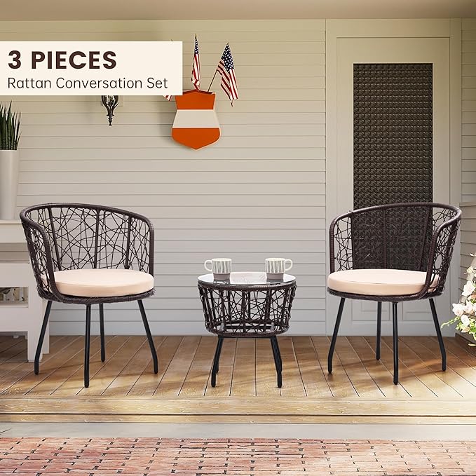 Kromax 3 Piece Bistro Set, Modern Outdoor Wicker Patio Furniture with Tempered Glass Table Top and 2 Chairs, Washable Cushions, Brown Rattan and Begie Cushion