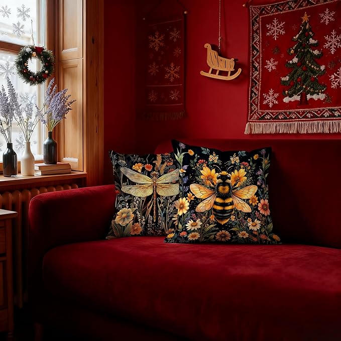 William Morris Inspired Wildflower Dragonfly Bee Pillow Covers 18x18 Set of 2, Vintage Dark Cottagecore Floral Botanical Insects Decorative Throw Pillow Covers for Home Bedroom Living Room