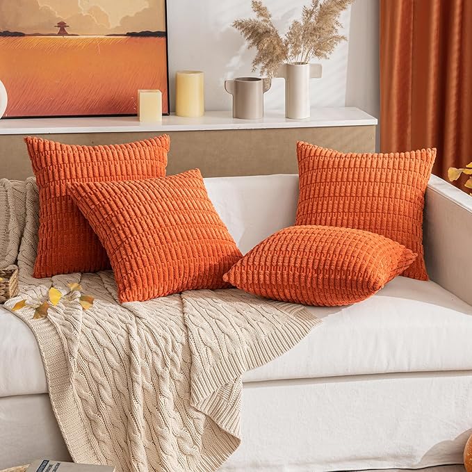 MIULEE Pack of 2 Orange Corduroy Decorative Euro Sham Fall Pillow Covers 22x22 Inch Soft Boho Striped Throw Pillow Covers Modern Farmhouse Home Decor for Summer Sofa Living Room Couch Bed