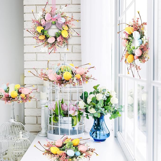 6 Pcs Easter Egg Candle Rings Wreaths Mini Artificial Spring Easter Egg Berry Wreath for Front Door Hanging Kitchen Cabinet Wreath with Ribbon for Porch Wall Window Farmhouse Decor