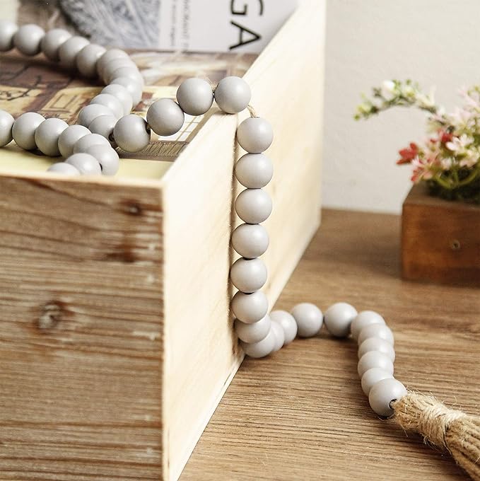 58in Wood Bead Garland with Tassels, Farmhouse Rustic Country Decor Prayer Boho Wall Hanging Decoration (Gray)