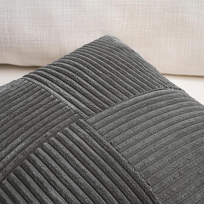 Fancy Homi 2 Packs Dark Gray Lumbar Decorative Throw Pillow Covers 12x20 Inch for Living Room Couch Bed Sofa, Farmhouse Home Decor, Soft Striped Corduroy Rectangle Accent Cushion Case 30x50 cm