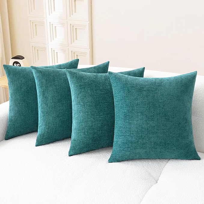 CaliTime Throw Pillow Covers Decorative 18 X 18 Inches Pack of 4 Cozy Chenille Cushion Cases for Couch Sofa Bed Living Room Home Teal