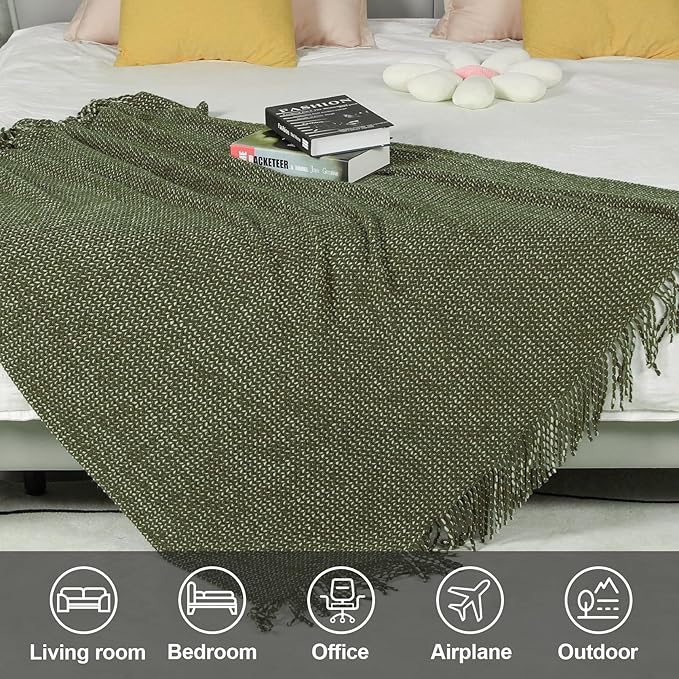 Blagic Knitted Throw Blanket for Couch, Soft Farmhouse Throw Blanket with Tassels,Home Decorative Lightweight Blankets,Spring Throws for Bed/Chair/Sofa,Wheat Textured (Green & White,50" W x 60" L)