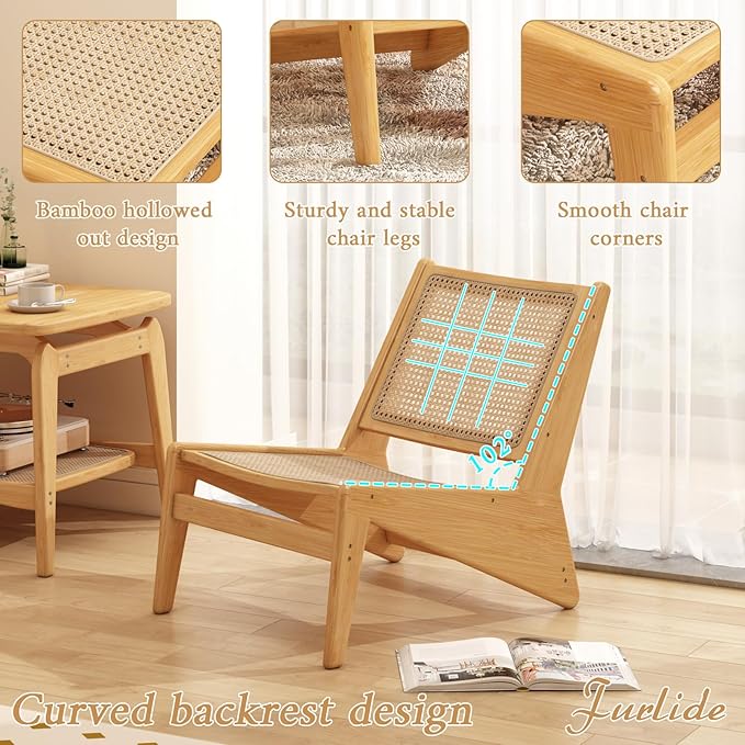 Rattan Accent Chair for Living Room, Mid Century Side Chair, Comfy Bamboo Chairs for Bedroom Reading Room, Wood