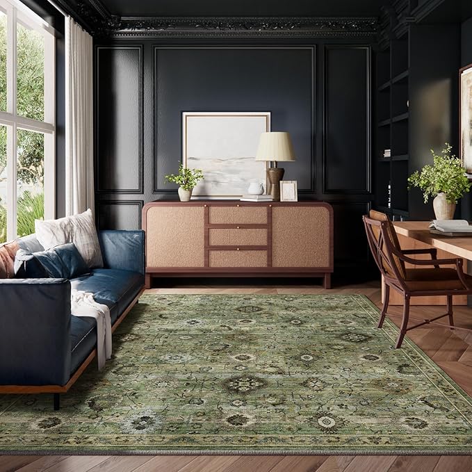 Washable Area Rugs for Living Room: 9x12 Rug Boho Vintage Rugs Stain Resistant Non Slip Low Pile Lightweight Soft Carpets for Bedroom Kitchen Dining Room Nursery Kids Room Farmhouse Home Office