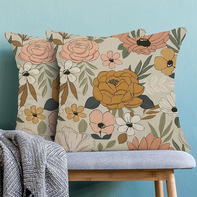 CXMEIFLY Spring Floral Pillow Covers 18 x 18 Inch Set of 2 for Vintage Mustard Yellow Pink Flowers Decor Throw Pillows Plant Cream Outdoor Decorative Cushion Cases for Couch Bed Decorations
