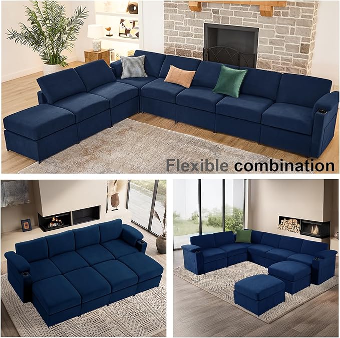 Modular Sectional Sofa Couch for Living Room Velvet Cloud Couches Oversized U Shaped Convertible Sleeper Sofa Chaise Detachable Armrest Cushion Cup Holder (Blue, 8 Seats)
