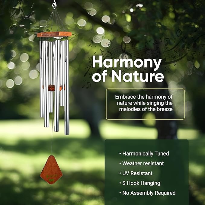 Nature’s Melody Premiere Grande Tunes Wind Chimes – Outdoor Windchime with 6 Tubes Tuned to E Pentatonic Scale, Rustproof Aluminum, Beech Wood & S Hook Hanger for Sympathy, Memorial Gift or Zen Garden