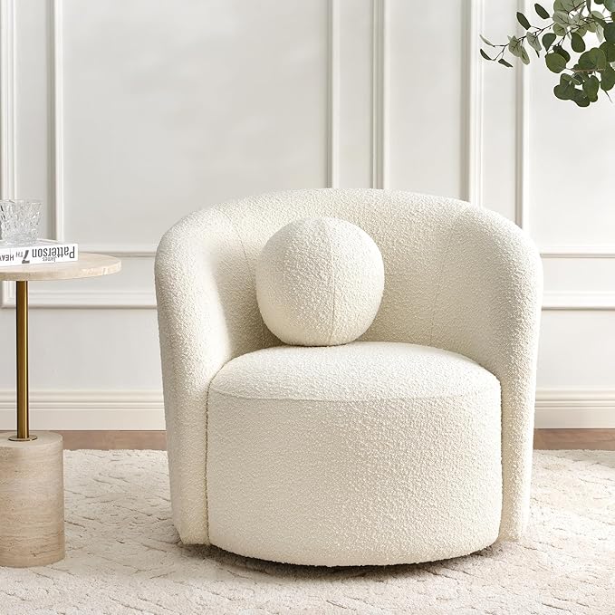 KINWELL Sherpa Swivel Barrel Chair & Round Ball Pillow Set - 34" Wide Modern Boucle Accent Chair with 9” Matching Nordic Decorative Throw Pillow for Living Room and Bedroom(Cream)