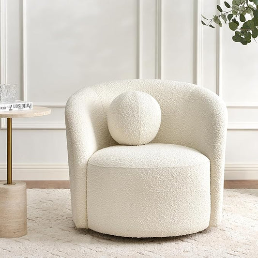 KINWELL Sherpa Swivel Barrel Chair & Round Ball Pillow Set - 34" Wide Modern Boucle Accent Chair with 9” Matching Nordic Decorative Throw Pillow for Living Room and Bedroom(Cream)