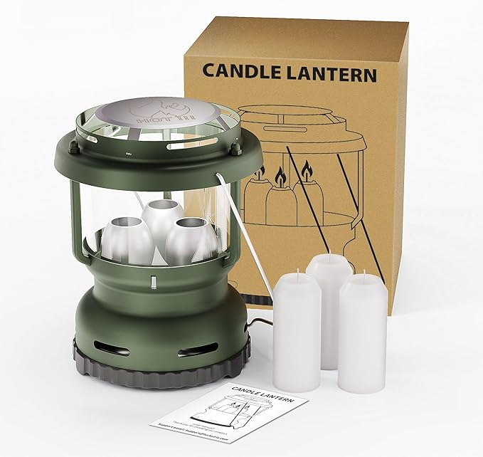 3-Wick Emergency Candle Lantern for Power Outages [18H+ Burning Time] Vintage Decorative Candle Lantern for Real Candles, Outdoor Portable Camping Survival Lighting [7.1"*5.7" - Forest Green]