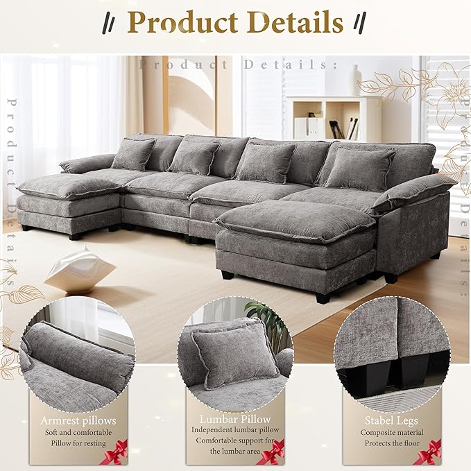 URRED Modular Sectional Sofa Comfy Cloud Couch, Modern Chenille Sofa Sleeper Deep Seat Couches with Ottoman/Pillows for Living Room (Gray, 154'' - U Shape)