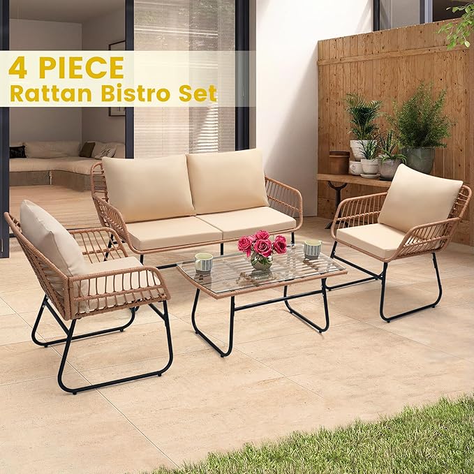 Kromax 4 Piece Patio Bistro Outdoor Furniture Set, Wicker Sofa, 2 Rattan Chairs, and Table, Backyard Conversation Set, All Weather Cushions, Natural Rattan Beige Cushion