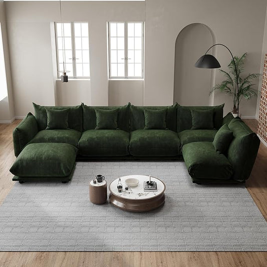 Modern Minimalist Chenille Modular Sectional Sofa, Oversized Deep-Seat U-Shaped Couch with Movable Ottoman, Thick Cushions, Upholstered Sofa for Living Room, Bedroom, Office, Apartment Green 1 Ottoman