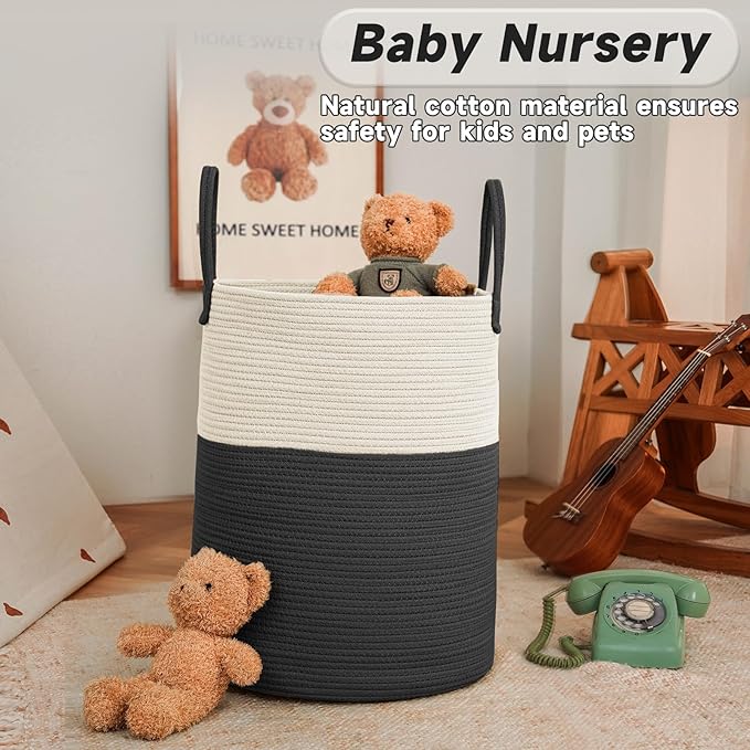 Large Woven Laundry Basket Hamper,80L Cotton Rope Storage Bin for Blankets,Toys and Clothes,Decorative Tall Nursery Hamper for Living Room,Baby Nursery,Bathroom and Bedroom,White and Black
