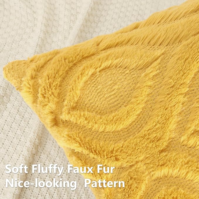 decorUhome Throw Pillow Covers 22x22 Inch Set of 2, Soft Plush Decorative Faux Fur Mustard Yellow Solid Couch Pillow Covers, Accent Farmhouse Neutral Square Euro Pillow Cases for Sofa Bed Living Room