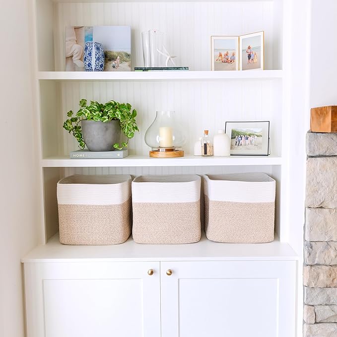 NaturalCozy 13x15x13 Kallax Storage Cubes Bins, 3 Pack | Cotton Rope Cube Storage Bin Woven Baskets for Organizing | Kallax Insert Storage Baskets for Shelves Organizer, Kids Toy, Closet Baby Nursery