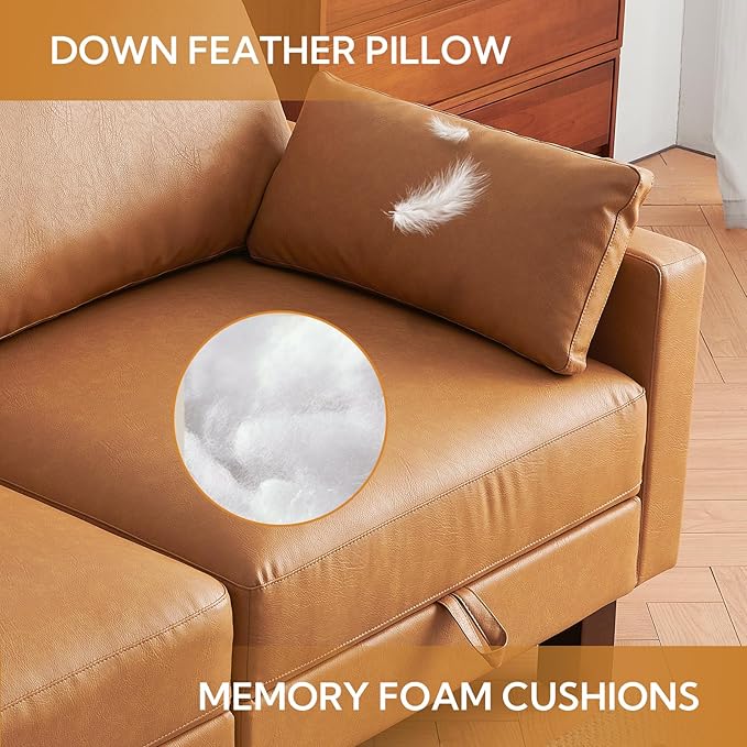 5 Seater Faux Leather Sofa Couch, 98'' L Shape Sectional Couch, Mid Century Modern Decor, Office Sectional Sofa Bed, for House, Apartment, Living Room, Tan