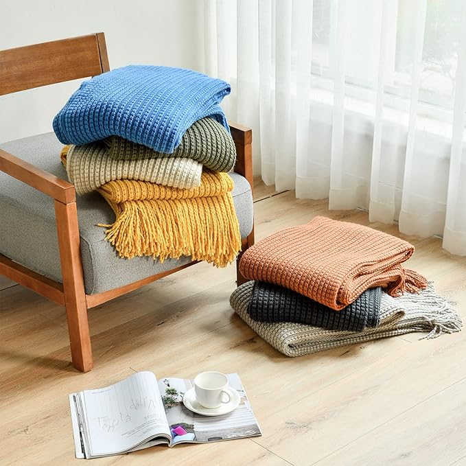 Blagic Knitted Throw Blanket for Couch,Soft Farmhouse Throw Blanket with Tassels,Home Decorative Lightweight Throw Blankets,Camel Throws for Bed/Chair/Sofa, 50" W x 60" L
