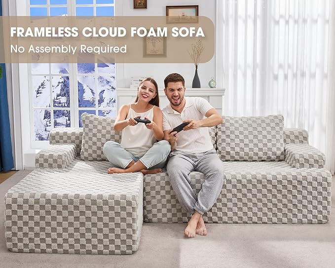 Hobestluk 96“ Modular Sectional Sofa Couches L-Shape Couch 3 Seat Modular Sofa Sectional Couches for Living Room, Cloud Couch with Oversized Chaise (Greygreen, Checked (Left Facing Chaise))