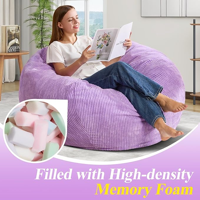 3.5FT Bean Bag Chairs Teardrop Bean Bag Chair for Adults Beanbag Chair with Memory Foam Filled Machine Washable Cover for Living Room, Bedroom (Large,Purple)