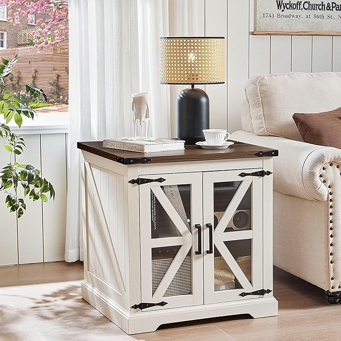 24" End Table with Charging Station, Farmhouse Night Stand with Glass Barn Door, White Nightstands with Adjustable Storage Shelf, Large Wood Square Bed Side Table for Living Room,Bedroom