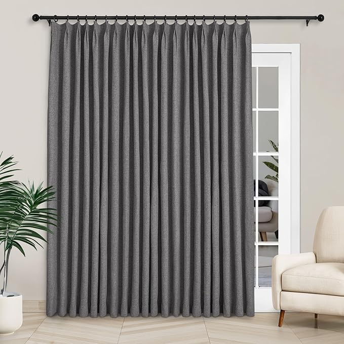 Macochico 100”Wx96”L Pinch Pleated 100% Blackout Linen Curtains Thermal Sliding Curtains for Bedroom Living Room Sliding Glass Door Farmhouse Shabby Chic Natural Grey Drapery with Tieback 1 Panel