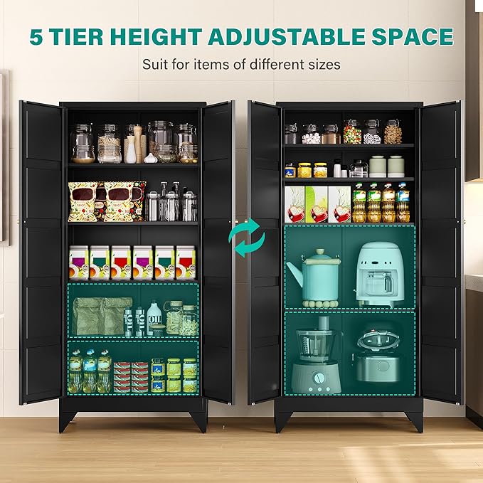 Metal Storages Cabinet with 2 Doors and 5 Shelves,Tall Storage Cabinet,Large Cupboard Closet,Pantry Storage Cabinet for Home,Office,Bathroom,Dining/Living Room (Black, 71" H)