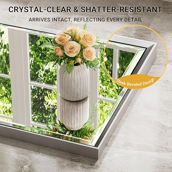 60'' x 36'' Large Beveled Silver Bathroom Vanity Mirror, Shatterproof Rectangle Silver Metal Framed Mirror for Bathroom Wall, Anti-Rust Wall-Mounted Mirror