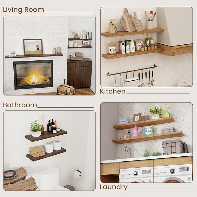 Floating Shelves for Wall Decor, 8 Inch Deep Rustic Solid Elm Wood Floating Shelves Wall Mounted, Wall Shelves with Invisible Bracket for Living Room Bathroom Bedroom Kitchen, 24 Inch Set of 2, Walnut