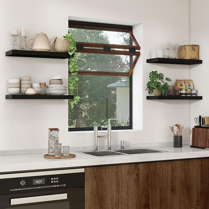 Heimlove 24 inch Floating Shelves for Wall,9.3 inch deep Black Wood Shelves with Invisible Brackets,Wall Mounted Storage & Display Shelves for Bedroom,Living Room,Set of 2