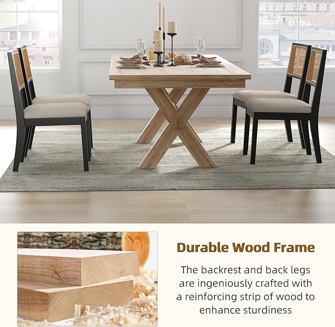 Westice Rattan Dining Chairs Set of 6, Farmhouse Natural Dining Room Chairs with Upholstered Cushion, Wood Armless Chairs for Kitchen/Restaurant, Black