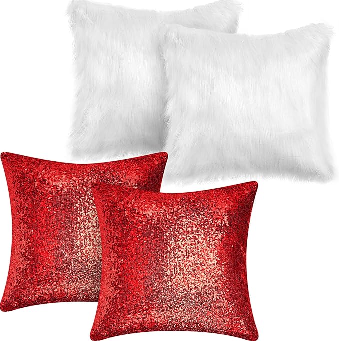 Irenare 4 Pcs Sequin and Fluffy Pillow Covers Winter Throw Pillow Cases Soft Cushion Cover for Couch Bed Sofa Xmas Day(18 x 18 Inch,Red, White)