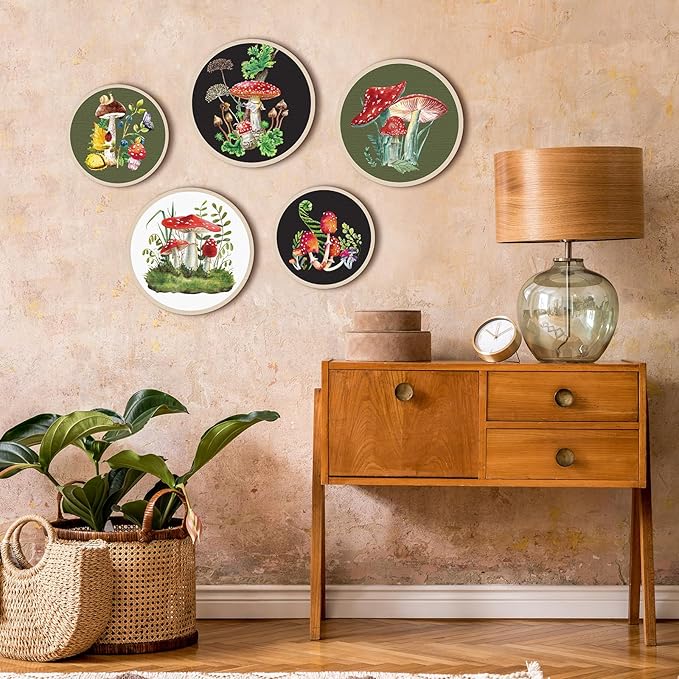 Qunclay 5 Pcs Wall Art Decor Wooden Living Room Wall Decor Bohemian Hanging Farmhouse Geometric 10'' and 8'' Aesthetic Wood Minimalist Posters for Bedroom(Mushroom)