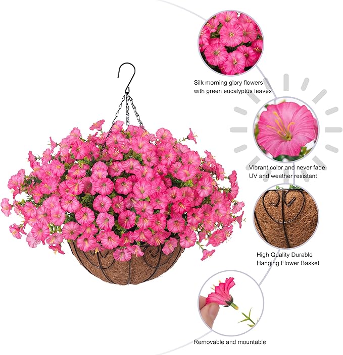 Artificial Faux Hanging Plants Flowers Basket for Outdoors Outside Spring Summer Decoration, Silk Pink Morning Glory in Planter UV Resistant Look Real Fake Flowers for Porch Patio Balcony Home Yard