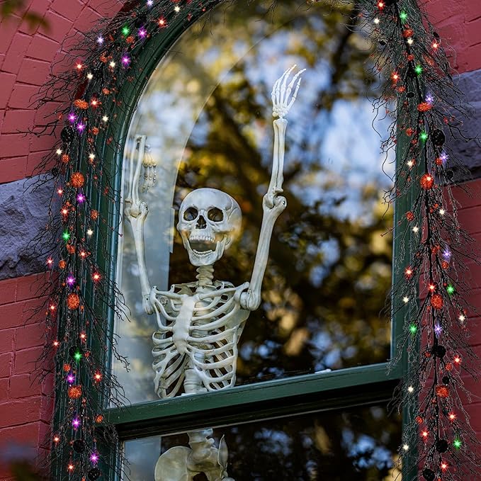 6.5 Ft Halloween Garland Black Willow Vine Decor with 9.8FT Lights Artificial Branches Berries Pumpkin Vines Halloween Realistic Garland for Home Fireplace Table Window Mantle Party Holiday Decor