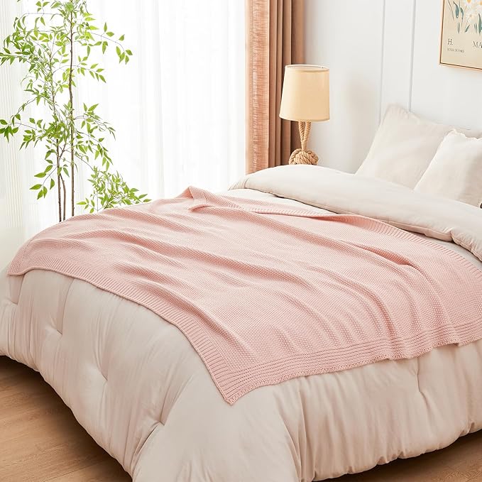 CozeCube Pink Throw Blanket for Couch, Soft Cozy Cable Knit Throw for Bed Sofa Living Room, Lightweight Warm Decorative Farmhouse Christmas Blanket, 50"x60", Pink