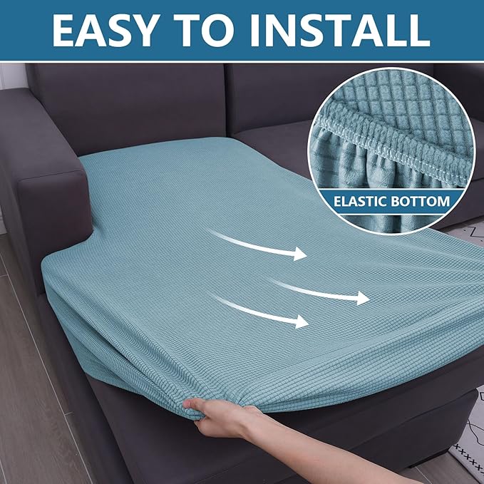 hyha Waterproof Sectional Couch Covers, Non Slip Sofa Couch Cushion Covers L Shape, Thick Stretch Jacquard Fabric, Washable Sofa Slipcovers with Elastic Bottom (1 Piece for Chaise, Lake Blue)