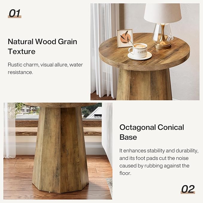 Tribesigns Round Pedestal End Table, Farmhouse Couch Side Table with Octagonal Base, Nightstand Accent Wooden Drink Stand (1, Rustic Brown)