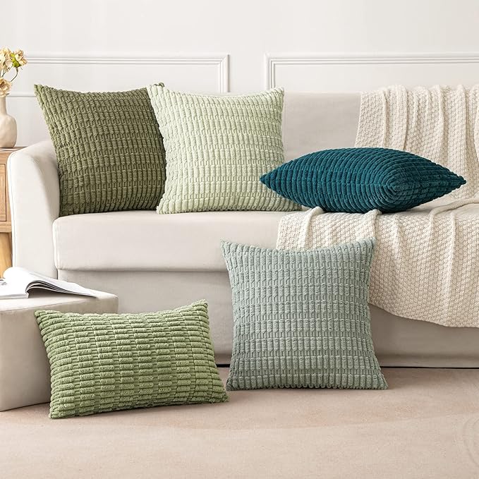 MIULEE Pack of 2 Corduroy Decorative Throw Pillow Covers 20x20 Inch Soft Boho Striped Pillow Covers Modern Farmhouse Home Decor for Summer Sofa Living Room Couch Bed Sage Green