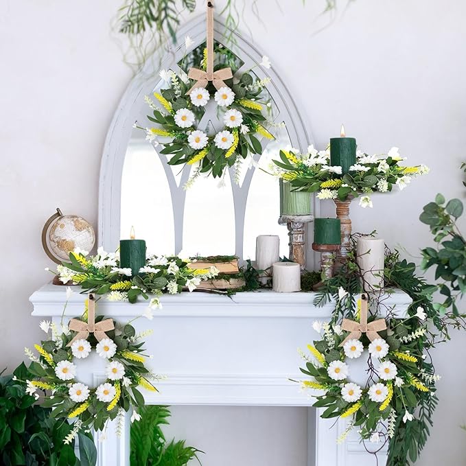 6 Pcs Artificial Spring Summer Swag Wreaths Mini White Daisy Floral Wreath Farmhouse Kitchen Cabinet Wreath Hanging Flowers Wreaths for Front Door Indoor Outdoor Home Decor Festival Celebrations