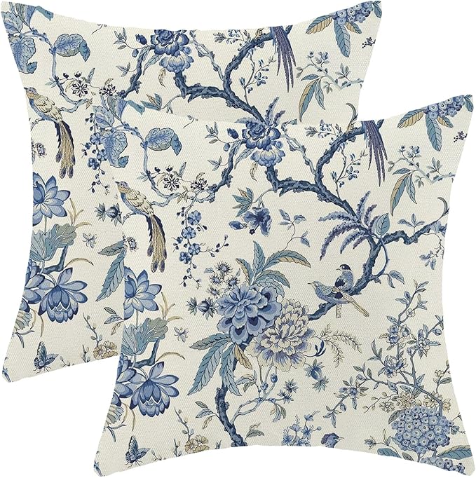 CXMEIFLY Spring Floral Birds Pillow Covers 22 x 22 Inch Set of 2 for Chinoiserie Flowers Decor Throw Pillows Blue and White Plant Outdoor Decorative Cushion Cases for Couch Bed Decorations