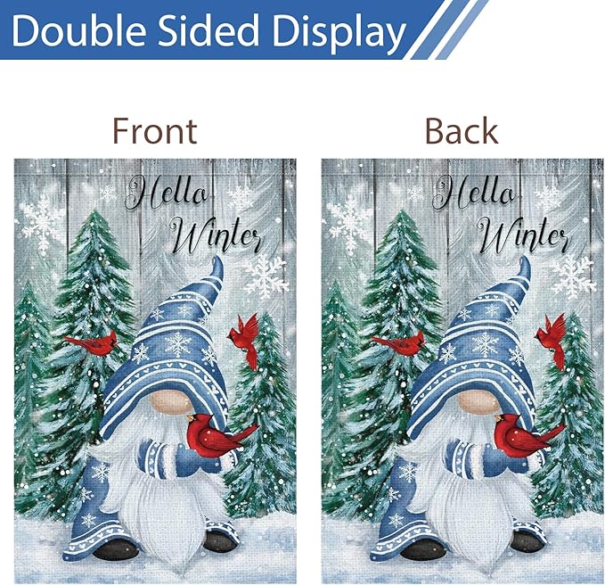 Hello Winter Gnome Garden Flag 12x18 Double Sided Burlap Cardinals Snowflakes Snow Yard Flags for Christmas Seasonal Outside Outdoor House Decoration (ONLY FLAG)