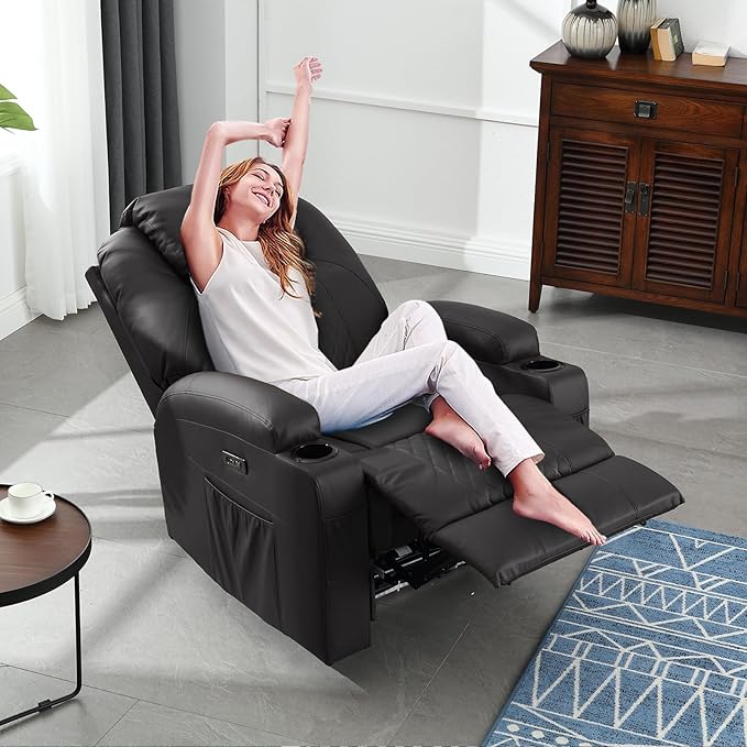 Power Recliner Chair with Heat and Massage, PU Leather Home Theater Seating with LED Lights/Cup Holders/Side Pocket/USB Port, Reclining Sofa Chair for Living Room (2, Black)