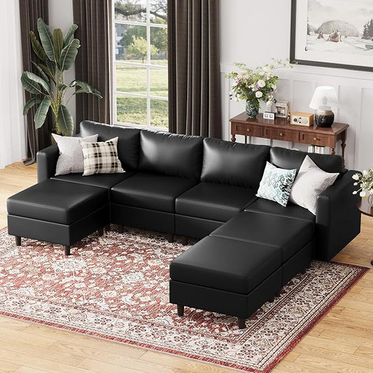 ABCASA 118.5" Faux Leather Modular Sectional Sofa, 7 Seater U Shaped Couch with Storage Seat with Reversible Chaise Deep Seat for Living Room Black