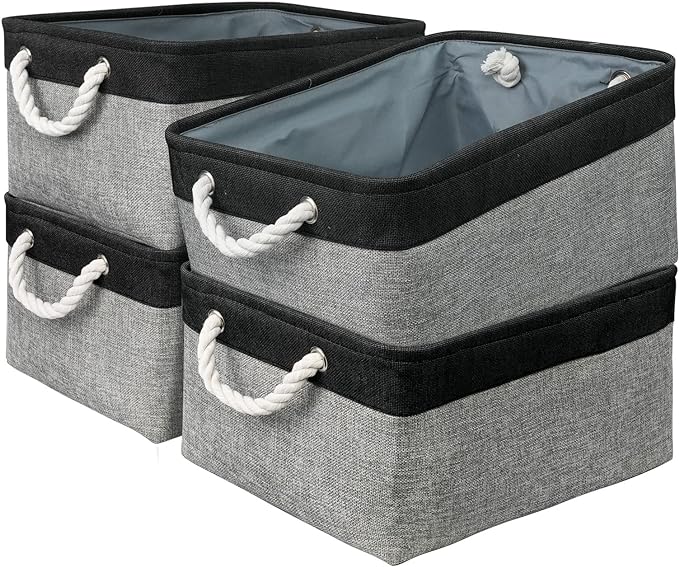 TcaFmac Storage Basket for Organizing - Large 4 Pack Canvas Decorative Storage Bins Baskets for Shelves with Ropes, Foldable Storage Cubes for Closet Cloth Toy Linen(Black & Grey 16x12x8 inch)