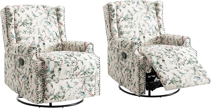 UIXE Swivel Rocker Manual Recliner Chairs Set of 2, Wingback Swivel Glider Fabric Nursery Reclining Sofa Chair, High Back Upholstered Arm Chair for Living Room Bedroom - Bird Pattern